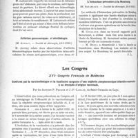 0621 - Page 960 - Partie scientifique. L’Actualité Scientifique. Les Sociétés Savantes. Perte traumatique d’un lobe du foie. Guérison, (Société de chirurgie, 10-1-1923) / Plaie du foie et de la veine cave inférieure. Guérison, (Société de chirurgie 10-1-1923) / Arthrites gonococciques et sérothérapie, (Société de chirurgie, 10-1-1923) / L’hémostase préventive à la Momburg, (Société de chirurgie, 24-1-1923) / Les Congrès. XVIe Congrès Français de Médecine. Guérison par la vaccinothérapie et la tranfusion sanguine d’une néphrite streptococcique infantile consécutive à un érysipèle d’origine vaccinale, par les docteurs P. Peckeret J. -P. Lamare