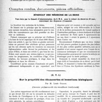 0699 - Page 1084 - Partie professionnelle. Travaux Originaux. Chronique fiscale. Contribution sur les bénéfices de guerre. Erreur commise de bonne foi [A. Martinot] / Comptes rendus, documents, pièces officielles. Syndicat des médecins de la Seine. Voeu émis par le Conseil d’Administration du S. M. S. pour le retrait du décret du 20 mars, concernant des dispenses d’examens / C. T. I.. Sur la propriété des découvertes et inventions biologiques, par M. Louis Gallie, (Semaine professionnelle des travailleurs intellectuels)