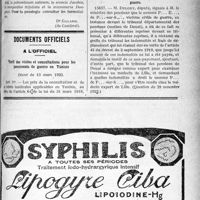 0774 - Page XLIX-1191 - Notes de médecine pratique. Médicaments nuisibles aux femmes enceintes / Documents officiels. A l'officiel. Tarif des visites et consultations pour les pensionnés de guerre en Tunisie. Décret du 13 mars 1923 / Réponse des Ministres aux questions des Parlementaires. Indemnités de déplacement des victimes civiles de la guerre