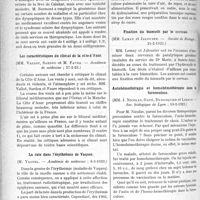 0807 - Page 1240 - Partie scientifique. L’Actualité Scientifique. Les Sociétés Savantes. Paris. Un nouvel alcaloïde à usage thérapeutique : la génésérine, (Académie de médecine ; 27-2-23) / Les caractéristiques du climat de la côte d'Azur, (Académie de médecine ; 27-2-23) / La rate dans l’érythrémie de Vaquez, (Académie de médecine ; 6-3-1923) / Le traitement de la tuberculose d’Avicenne, (Académie de médecine ; 6-3-1923) / Fixation du bismuth par le cerveau, (Société de Biologie ; 24-2-1923) / Autohémothérapie et homohémothérapie dans la furonculose, (Soc. biologique de Lyon ; 19-2-1923) / Le sérum de convalescents dans l’infection puerpérale, (Société de biologie ; 17-2-1923)