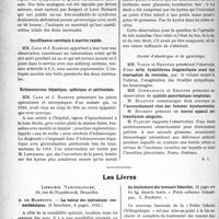 0813 - Page 1248 - Partie scientifique. L’Actualité Scientifique. Les Sociétés Savantes. Lyon. Société médicale des hôpitaux. Tuberculose caséeuse totale des surrénales avec syndrome d’insuffisance surrénale à marche rapide sans pigmentation / Insuffisance surrénale à marche rapide / Echinococcose hépatique, splénique et péritonéale / Société d'obstétrique et de gynécologie / Les Livres. La valeur des indications coenesthésiques, par A. de Marneffe, Librairie Vanderlinden, Bruxelles / La pratique du traitement des tumeurs blanches, par Dr Bufnoir, Maloine et Fils, éditeurs, Paris 1923