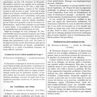 0868 - Page 1331 - Partie scientifique. L’Actualité Scientifique. Les Sociétés Savantes. L’anesthésie des splanchniques dans la néphrectomie, (Société de chirurgie, 31-1-1923) / Le cancer du col sur l’utérus prolabé est-il rare ?, (Société de chirurgie, 31-1-1923) / Sur l’insufflation péri-rénale, (Société de Chirurgie, 31-1-1923) / Syncope chloroformique. Guérison par massage du coeur, (Société de Chirurgie, 7-2- 1923) / Traitement des abcès amibiens du foie, (Société de Chirurgie, 7-2-1923) / Epithélioma du col utérin et radium, (Société de Chirurgie, 7 et 14-2- 1923)