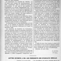 1051 - Page 1616 - Partie Scientifique. Comptes rendus, documents, pièces officielles.... 1re Réunion annuelle du Syndicat des médecins de l’arrondissement de Brioude / Lettre ouverte à MM. les présidents des syndicats médicaux