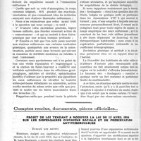1283 - Page 1960 - Partie Professionnelle. Travaux Originaux. Démographie. Le problème de la natalité / Comptes rendus, documents, pièces officielles…. Projet de loi tendant à modifier la loi du 15 avril 1916 sur les dispensaires d'hygiène sociale et de préservation antituberculeuse