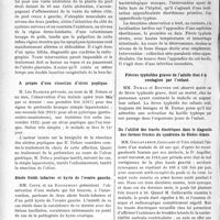 1327 - Page 2028 - Partie Scientifique. L’Actualité Scientifique. Les Sociétés Savantes. Lyon. Société de médecine et des sciences médicales. Uretère double / Spina bifida occulta / A propos d’une résection d’ulcus peptique / Abcès froids tubaires et kyste de l’ovaire gauche / Société médicale des hôpitaux. Deux observations de fièvre typhoïde avec atteinte de l’appendice / Fièvres typhoïdes graves de l’adulte dues à la contagion par l’enfant / De l’utilité des tracés électriques dans le diagnostic des formes frustes du syndrome de Stokes-Adams / Du block total considéré comme facteur de décompensation dans l’insuffisance aortique