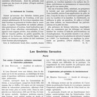 1384 - Page 2117 - Partie Scientifique. L’Actualité Scientifique. La Presse. Les jours de jeune au cours du traitement des angio-cholécystites chroniques [(Progrès médical, 17 mars 1923)] / Le traitement de l'eczéma [(Paris médical, 17 mars 1923)] / Les Sociétés Savantes. Paris. Trois années d’expertises militaires concernant la tuberculose pulmonaire, (Académie de médecine ; 8-5-1923) / L’appréciation pré-opératoire du fonctionnement rénal, (Société de chirurgie ; 7-3-1923)