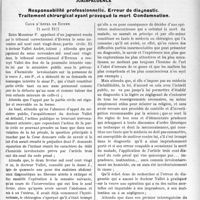 1394 - Page 2131 - Partie Professionnelle. Travaux Originaux. Jurisprudence. Responsabilité professionnelle. Erreur de diagnostic. Traitement chirurgical ayant provoqué la mort. Condamnation [Dr Paul Boudin]