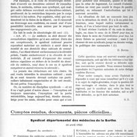 1399 - Page 2140 - Partie Professionnelle. Travaux Originaux. La question du deuxième cabinet, par Gabriel Batier / Comptes rendus, documents, pièces officielles.... Syndicat départemental des médecins de la Sarthe, 10 avril 1923
