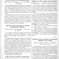 1499 - Page 2298 - Partie Scientifique. L'Actualité Scientifique. Les Sociétés Savantes. Paris. Polynévrite émétinique, (Soc. méd. des hôpitaux, 27-4-1923) / L’action des amers sur la leucopédèse gastrique, (Soc. de Biologie ; 28-4-1923) / Opération en deux temps dans la chirurgie intracranienne du trijumeau, (Soc. de chir. ; 11-4-1923) / Ulcères perforés de l’estomac, en péritoine libre, (Société de chirurgie ; 11-4-192 3) / Epingles de sûreté avalées par des nourrissons, (Société de chirurgie ; 25-4-1923) / Similitudes des chocs en médecine. Leur superposition dangereuse, mais évitable, (Académie des sciences ; 11-1-1904)
