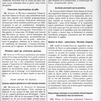 1502 - Page 2305 - Partie Scientifique. L'Actualité Scientifique. Les Sociétés Savantes. Lyon. Société Nationale de médecine et des sciences médicales. Généralisation de sarcome mélanique / Tuberculose hypertrophique du grêle / Péritonite aiguë par perforation gastrique / Société médicale des hôpitaux. Syndrome adiposo-génital avec selle turcique normale / Endocardite infectieuse à entérocoque / Accidents provoqués par la quinidine / Maladie de Banti : splénectomie. Résultats éloignés / Hémorrhagie méningée et encéphalite hémorrhagique tuberculeuse chez un nourrisson