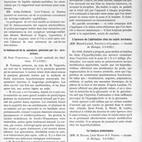 1558 - Page 2395 - Partie scientifique. L’actualité Scientifique. Les Sociétés Savantes. Traitement des adénites tuberculeuses par les rayons X et ultra-violets, (Soc. méd. des hôp. 13-4-1923) / Le syndrome de froin (xantochromie et coagulation massive du céphalo-rachidien), (Société médicale des hôpitaux, 27-4-1923) / Le traitement de la paralysie générale par les arsenicaux, (Société médicale des hôpitaux, 27-4-1923) / A propos de la vision par la peau, (Société de Biologie, 5-5-1923) / L’épreuve de l’adrénaline chez les sujets normaux, (Société de Biologie, 5-5-1923) / La lipolyse pulmonaire, (Société de Biologie, 5-5-1923)