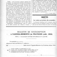1695 - Page 2546-L - Documents officiels. Questions parlementaires et réponses des ministres. Illégalité de la création des directions départementales d’assistance et d’hygiène / Echange des permis de circulation des automobiles des médecins / Variétés. Les saints protecteurs des accouchées / Bulletin de souscription à l’agenda-memento du praticien (édit 1924)