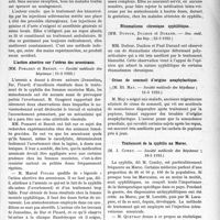1778 - Page 2629 - Partie scientifique. L’actualité Scientifique. Les Sociétés Savantes. Paris. Traitement des hémorroïdes par des injections sclérosantes péri-vasculaires, (Société médicale des hôpitaux 11-5 1923) / L’action abortive sur l’utérus des arsenicaux, (Société médicale des hôpitaux ; 11-5 1923) / Rhumatisme chronique syphilitique, (Soc. méd. des hôp; 25-5 1923) / Crises de sommeil d’origine anaphylactique, (Société médicale des hôpitaux ; 11-5 1923) / Traitement de la syphilis au Maroc, (Société médicale des hôpitaux 18-5 1923)