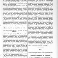 1870 - Page 2721 - Partie scientifique. L’Actualité Scientifique. Les Sociétés Savantes. Paris. Sur les signes stéthacoustiques des cavernes, (Société médicale des hôp. 25-5-1923) / Eczéma et prurit par anaphylaxie au pain, (Soc. méd. des hôp. 1-6-1923) / Les traitements psychologiques de l’incontinence essentielle d’urine, (Société de psychothérapie, 19 juin 1923) / Lyon. Société nationale de médecine et des sciences médicales. Diverticule épiphrénique de l’oesophage