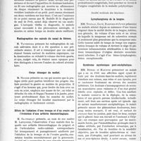 1871 - Page 2722 - Partie scientifique. L’Actualité Scientifique. Les Sociétés Savantes. Lyon. Société nationale de médecine et des sciences médicales. Mal de Pott lombaire révélé par la radiographie / Radiographies des calculs du canal de Sténon / Corps étranger du mollet / Effets de l’ablation d’une trompe et d’un ovaire sur l’évolution d’une arthrite blennorrhagique / Reins et foies polykystiques / Société médicale des hôpitaux. Lymphangiome de la langue / Syndrome myotonique post-encéphalique / Diagnostic des tumeurs intra-rachidiennes