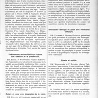 1872 - Page 2723 - Partie scientifique. L’Actualité Scientifique. Les Sociétés Savantes. Lyon. Société médicale des hôpitaux. Diagnostic des tumeurs intra-rachidiennes / Parkinsonisme post-encéphalitique typique. Gros tubercule de la protubérance / Rupture du coeur avec décapitation de la pointe / Troubles respiratoires chez un amputé / Arthropathie tabétique du genou avec volumineux ostéophyte / Diabète et syphilis