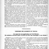 1879 - Page 2730 - Partie Professionnelle. Travaux Originaux. Un joli cadeau à faire au corps médical. L’ordre des médecins / Chronique des accidents du travail. Un essai de non-application du Tarif Breton. Un médecin n’aurait-il plus le droit de faire des massages à son blessé ? [Dr Fernand Decourt]