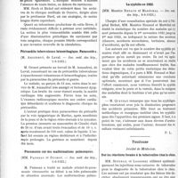 1919 - Page 2770 - Partie scientifique. L’Actualité Scientifique. Les Sociétés Savantes. Paris. La fièvre dans le cancer, (Soc. méd. des hôp. 18-5-1923) / Péricardite tuberculeuse hémorrhagique. Paracentèse, (Soc. méd. des hôp. 1-6-1923) / Pneumonie sur des malformations pulmonaires, (Soc. méd. des hôp, 1-6-1923) / La syphilis en 1922, (Soc. méd. des hôp. 8-6-1923) / Toulouse. Société de Médecine. Sur les réactions focales à la tuberculine chez le chien / Quelques recherches sur la thérapeutique du muguet