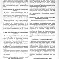 1920 - Page 2771 - Partie scientifique. L’Actualité Scientifique. Les Sociétés Savantes. Toulouse. Société de Médecine. Quelques recherches sur la thérapeutique du muguet / La période terminale de l’endocardite maligne à forme prolongée / Un cas de corps étrangers des voies digestives chez un nourrisson / Indications, technique générale et résultats actuels de la curiethérapie des cancers / Le diagnostic de la lithiase vésiculaire à forme gastralgique et son traitement / Contribution à la sédimentation globulaire / Tuberculose sous-cutanée chez la vache