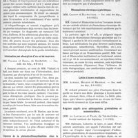 1970 - Page 2821 - Partie scientifique. L’Actualité Scientifique. Les Sociétés Savantes. Paris. Le pneumothorax thérapeutique en dehors de la tuberculose, (Soc. méd. des hôp, 1-6-1923) / Intoxication par absorption d’un sel de mercure, (Soc. méd. des hôp. 8-6-23) / L’épreuve de la phénolsulfonephtaléine chez le vieillard, (Soc. méd. des hôp. 8-6-1923) / Rhumatisme chronique syphilitique, (Soc. méd. des hôp. 8-6-1923) / Linite à foyers multiples, (Soc. méd. des hôp. 8-6-1923) / Angines aiguës avec adénopathies généralisées et mononucléose, (Société médicale des hôpitaux, 1-6-1923)