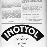 2038 - Page XLV-2889 - Documents officiels. A l’officiel. Réponse des ministres à la question des parlementaires. L’avis du Comité d’hygiène sur la consommation de la saccharine / Loi modifiant l’article 30 de la loi du 27 juin 1904 sur les enfants assistés, en vue de permettre l’ad�mission des femmes aux emplois de sous-inspec�trices départementales de l’assistance publique