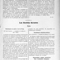 2158 - Page 3009 - Partie Scientifique. L’Actualité Scientifique. La Presse. Sur quelques formes de syphilis des voies digestives [(Gaz. des Sc. méd. de Bordeaux, 1er juillet 1923)] / Les Sociétés Savantes. Paris. Bicarbonate de soude et sel de Vichy, (Académie de médecine ; 24-7-1923) / Sérothérapie antipoliomyélitique, (Académie de médecine ; 24-7-1923) / Hyperesthésie cutanée douloureuse dans l’encéphalite léthargique, (Académie de médecine ; 24-7-1923)