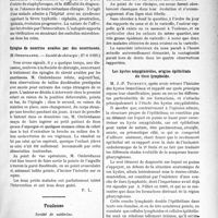 2206 - Page 3057 - Partie Scientifique. L’Actualité Scientifique. Les Sociétés Savantes. Paris. Septicémie à staphylocoque doré, (Soc. méd. des hôp ; 6-7-1923) / Epingles de nourrice avalées par des nourrissons, (Société de chirurgie ; 27-6-1923) / Toulouse. Société de médecine. Une épidémie de zonas / Les kystes amygdaloïdes, origine épithéliale du tissu lymphoide