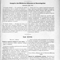 2212 - Page 3063 - Partie Scientifique. L’Actualité Scientifique. Les Congrès. Le Congrès du cancer, (Suite), (Strasbourg, 23-25 juillet 1923). Les éléments et les adjuvances de la cure climatique à Pau, par le Dr Lucien Cornet / Congrès des Médecins Aliènistes et Neurologistes, Besançon, août 1923 / Les Livres. Pourquoi et comment pratiquer la cure solaire, par G Léo et C. Roederer, Maloine, éditeur / Manuel de syphiligraphie pratique, par Henri Drouin, Vigot frères, éditeurs, Paris