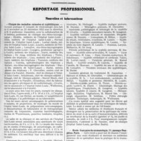 2318 - Page 3171 - Partie Professionnelle. Comptes rendus, documents, pièces officielles…. Sou médical. Circulaire sur les mesures à prendre pour prévenir la syphilis héréditaire ou en combattre les effets / Reportage professionnel. Nouvelles et information. Clinique des maladies cutanées et syphilitiques / Ecole française de stomatologie, 20, passage Dauphine, Paris