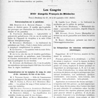 2503 - Page 3356 - Partie Scientifique. L’Actualité Scientifique. Les Sociétés Savantes. Paris. Vaccination préventive des pneumopathies, (Société biologique de Lille ; 12-7-23) / Les Congrès. XVIIe Congrès Français de Médecine, Tenu à Bordeaux les 27, 28 et 29 septembre 1923 (Suite).. Communications sur le paludisme, MM. Etienne et J. Benech / Communication sur les maladies du sang, du coeur et des vaisseaux, du foie et des reins, M. I. Teissier / La thérapeutique des infections méningococciques (sérothérapie), rapporteur : M. le Pr Dopter
