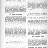 2551 - Page 3404 - Partie scientifique. L’Actualité Scientifique. Les Sociétés Savantes. Lyon. société nationale de médecine et des sciences médicales. Fibrome et grossesse / Énorme calcul du cholédoque ayant évolué sans symptômes / Corps étrangers de l’oesophage / Grosse vésicule ou gros rein ? / Deux cas de gastrectomie / Deux cas de fibrome avec nécrobiose / Pneumonie caséeuse du nourrisson avec ombre radioscopique en bande transversale / Dents d’Hutchinson frustes / Thoracoplastie pour tuberculose pulmonaire