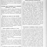 2552 - Page 3405 - Partie scientifique. L’Actualité Scientifique. Les Sociétés Savantes. Lyon. société nationale de médecine et des sciences médicales. Thoracoplastie pour tuberculose pulmonaire / La méningite dans l’encéphalite et la poliomyélite épidémique de l’adulte / Myxoedème par absence de corps thyroïde / Tension artérielle au-dessus de 70 ans / Tension artérielle chez les hémiplégiques / Paralysie diphtérique à localisation rare / Kératodermie et épithélioma d’origine arsenicale / Perforation pulmonaire au cours du pneumothorax artificiel