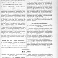 2710 - Page 3559 - Partie scientifique. L'Actualité Scientifique. Les Sociétés Savantes. Paris. Traitement des ulcères perforés en péritoine libre, (Société de chirurgie, 17-10-1923) / La rachianesthésie à la stovaïne-caféine, (Société de chirurgie, 17-10-1923) / Ostéite du tarse suite d’arthrite gonococcique, (Société de Chirurgie, 17-10-1923) / Corps étrangers de l’intestin, (Société de Chirurgie, 17-10-1923) / L’état actuel de l’aviation sanitaire, (Société de Chirurgie, 17-10-1923) / Les Livres. La transfusion sanguine, par Dupuy de Frenelle, éditions du livre de France 1923