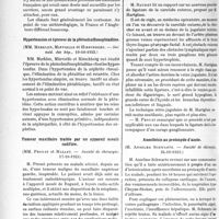 2855 - Page 3708 - Partie scientifique. Travaux Originaux. Les Sociétés Savantes. Paris. Adopterons-nous en France la journée anglaise ?, (Académie de médecine, 6-11-1923) / Hypertension et épreuve de la phénolsulfonephtaléine, (Socméd. des hôp. 19-10-1923) / Tumeur maxillaire traitée par un appareil moulé radifère, (Société de chirurgie, 17-10-1923) / La voie rétro-jugulaire dans la ligature de la carotide externe, (Société de chirurgie, 24-10-1923) / Anesthésie au protoxyde d’azote, (Société de chirurgie, 24-10-1923)