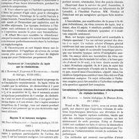 2856 - Page 3709 - Partie scientifique. Travaux Originaux. Les Sociétés Savantes. Paris. Staphylorraphie, (Société de chirurgie, 24-10-1923) / Traitement de Vencéphalite du lapin par la cholestérine, (Société de biologie, 13-10-1923) / Rayons X et tumeurs malignes, (Société de biologie, 13-10-1923) / L’herpès expérimental chez l’homme, (Société de biologie, 20-10-1923) / Les solutions hypertoniques diminuent-elles la pression du céphalo-rachidien ?, (Société biologique de Buenos-Aires, 19-7-1923)