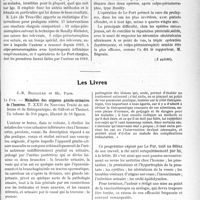 2914 - Page 3767 - Partie scientifique. L'Actualité Scientifique. XXXIIe Congrès de L’Association Française de Chirurgie, (8-13 octobre 1923). Etude critique des interventions pratiquées contre tes prolapsus génitaux, Résumé du rapport de M. Savariaud / Les Livres. Maladies des organes génito-urinaires de l'homme, par Le Fur, J. -B. Baillière et Fils, Paris