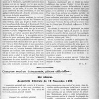 2972 - Page 3825 - Partie professionnelle. Travaux Originaux. Honoraires médicaux ; malades payants. L’ordre des médecins. Congrès de Boulogne sur Mer (13-16 septembre 1923) [Dr Paul Boudin] / Comptes rendus, documents, pièces officielles. Sou médical. Assemblée Générale du 18 Novembre 1923