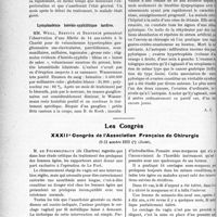 0037 - Page 36 - Partie scientifique. L’actualité Scientifique. Les Sociétés Savantes. Lyon. Société médicale des hôpitaux. Un cas de gangrène pulmonaire guéri par la sérothérapie anti-gangréneuse et l’arsénothérapie associées / Lymphadénie hérédo-syphilitique tardive / Cancer de l’estomac et cancer des ovaires / Les Congrès. XXXIIe Congrès de l’Association Française de Chirurgie, (8-13 octobre 1923 (Suite)