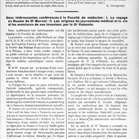 0044 - Page 43 - Partie professionnelle. Travaux Originaux. La campagne contre les médecins dans la littérature moderne / Deux intéressantes conférences à la Faculté de médecine : I. Le voyage en Russie du Dr Burnet ; II. Les origines du journalisme médical et la vie et les aventures de son inventeur, par le Dr. Cabanès