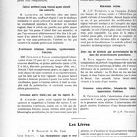 0087 - Page 86 - Partie scientifique. L'Actualité Scientifique. Les Sociétés Savantes. Toulouse. Société d'obstétrique et de gynécologie. Môle hydatiforme et vomissements incoercibles / Calcul urétéral juxta vésical ayant simulé une annexite / Avortement criminel, infection, hystérectomie. Guérison / Grossesse après traitement par les rayons X / Kraurosis vulvae / Deux cas de dystocie par accrochement des têtes dans des accouchements gémellaires / Grossesse extra-utérine, hématocèle tubaire, laparotomie. Guérison / Les livres. Les rhumatismes aigus et leur traitement, par Léon Giroux, J. B Baillière et fils, Paris. 1923