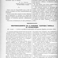 0139 - Page 138 - Partie scientifique. Travaux Originaux. Thérapeutique antisyphilitique. Le pneumothorax thérapeutique appartient-il au praticien ?, par le Dr. André Bernou / Roentgendiagnostic de la muqueuse gastrique normale et pathologique