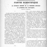 0189 - Page 188 - Propos du jour. Au sujet du Centenaire de la lithotritie. Souvenirs de jeunesse. Un inventeur méconnu : Le Dr François Fournier de Lempdes / Partie scientifique. La syphilis ignorée de la première enfance. Le problème des méningites, par le Dr Leredde