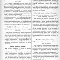 0315 - Page 312 - Partie scientifique. L'Actualité Scientifique. Les Sociétés Savantes. Paris. Fracture de la première phalange ; réduction par flexion forcée, (Société de chirurgie, 21-11-1923) / Blessure de guerre et syphilis, (Société de chirurgie, 21-11-1923) / Epididymite tuberculeuse : collo-vaccin, (Société de chirurgie 21-11-1923) / Arthrite syphilitique suppurée, (Société de chirurgie 28-11-1923) / Réaction du benjoin colloïdal et Wassermann, (Société de biologie, 15-12-1923) / Le réflexe médio-pubien en clinique, (Société de biologie, 15-12-1923)