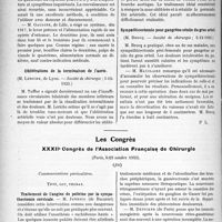 0433 - Page 422 - Partie scientifique. L’Actualité Scientifique. Les Sociétés Savantes. Paris. Le lever précoce des laparotomisés, (Société de chirurgie: 5-12-1923) / Oblitérations de la terminaison de l’aorte, (Société de chirurgie ; 5-12-1923) / Sympathicectomie pour gangrène sénile du gros orteil, (Société de chirurgie ; 5-12-1923) / Les Congrès. XXXIIe Congrès de l’Association Française de Chirurgie, (Paris, 8-13 octobre 1923), (fin). Tête, cou, thorax