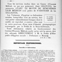 0448 - Page 437 - Partie professionnelle. Comptes rendus, documents, pièces officielles…. L’hygiène sociale dans la seine-inférieure. Les centres d’examen médical sont réservés aux personnes nécessiteuses / Reportage professionnel. Nouvelles et Informations. 18e Voyage d’études médicales