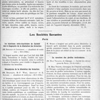 0484 - Page 471 - Partie scientifique. L’actualité scientifique. La Presse. Le traitement diététique de l’ulcus gastrique. / Les Sociétés Savantes. Paris. Les injections intra-trachéales de lipiodol dans le diagnostic de la dilatation des bronches, (Académie de médecine ; 22-1-1924) / Hémoptysies de la dilatation des bronches, (Académie de médecine ; 22-1-1924) / Drainage des abcès du cerveau, (Académie de médecine ; 22-1-1924) / La question des greffes testiculaires, Sociétés des chirurgiens de Paris ; 19-10-1923)