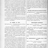 0485 - Page 472 - Partie scientifique. L’actualité scientifique. Les Sociétés Savantes. Paris. La question des greffes testiculaires, Sociétés des chirurgiens de Paris ; 19-10-1923) / La maladie de Lane, (Société des chirurgiens de Paris ; 19-10 et 23-11-1923) / La radiothérapie des cancers, (Société des chirurgiens de Paris, 4-1-1924) / Névralgie rebelle guérie par traitement spécifique, (Société médicale des hôpitaux, 14-12-1923) / Splénomégalies syphilitiques, (Société médicale des hôp. ; 14-12-1923) / Sur l’administration de l’insuline dans le diabète grave, (Soc. méd. des hôp. ; 7-12-1923)