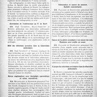 0835 - Page 816 - Partie scientifique. L'Actualité Scientifique. Les Sociétés Savantes. Lyon. Société médicale des hôpitaux. Exploration radiologique de la cavité sous-arachnoïdienne et tumeur médullaire / Association de l’entérocoque au B. de Koch / Rôle des infections associées dans la tuberculose pulmonaire / Naevus angiomateux avec hémiplégie spasmodique et crises convulsives / Tuberculose et cancer du poumon. Syphilis concomitante / Cancer de la plèvre secondaire à un cancer des seins. Pleurésie avec souffle en avant / A propos des infections secondaires dans la tuberculose pulmonaire / Limpidité du liquide céphalo-rachidien dans les méningites purulentes
