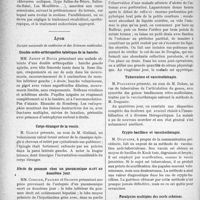 1061 - Page 1030 - Partie scientifique. L’Actualité Scientifique. Les Société Savantes. Contribution au traitement cinétique de la scoliose par le praticien, (Société de médecine de Paris) / Lyon. Société nationale de médecine et des Sciences médicales. Double ostéo-arthropathie tabétique de la hanche / Corps étranger de la vessie / Abcès du poumon chez un pneumonique mort au douzième jour / Radiographie d’une tête foetale chez une femme atteinte de fracture ischio-pelvienne / Ulcère perforé de l’estomac / Tuberculose et vaccinothérapie / Crypto-bacillose et vaccinothérapie / Paralysies multiples des nerfs crâniens