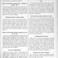 1062 - Page 1031 - Partie scientifique. L’Actualité Scientifique. Les Société Savantes. Lyon. Société nationale de médecine et des Sciences médicales. Paralysies multiples des nerfs crâniens / Caverne tuberculeuse occupant toute l’étendue du poumon droit / Méningite puriforme aseptique otogène / Paralysie récurrentielle, premier symptôme d’un cancer du sein / Un cas de mégaoesophage / Calculs développés autour de corps étrangers de la vessie / De la recherche des petits ulcères de l’estomac / Laryngectomie pour cancer / Traitement des ulcères variqueux / Mort par hémorragie et perforation d’un ulcère gastrique succédant à un examen radiologique